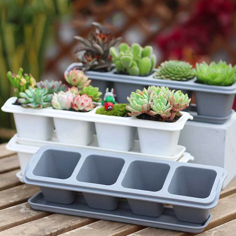 4/6 Grid Succulents Planter Pots With Tray Square Plastic Solid Color Set Nursery Pot Cactus Plant Pot