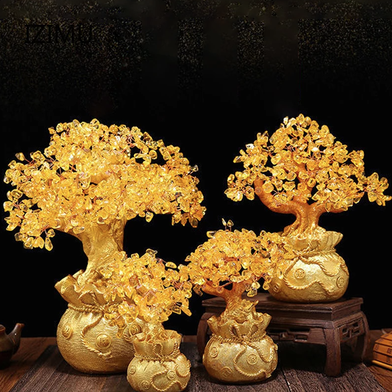 38 Cm Super Gold Natural Topaz Lucky Money Tree Wine Cabinet Decoration Home Living Room Porch Small Cash Cow Opening Gift